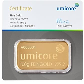 Certified 100g Gold Bar Umicore