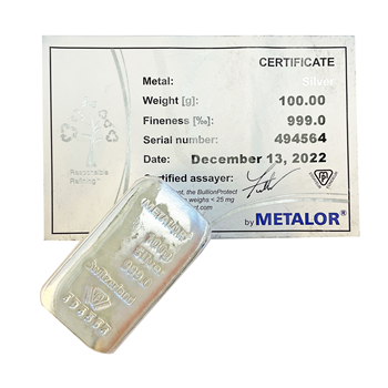 Certified 100g Silver Bar Metalor