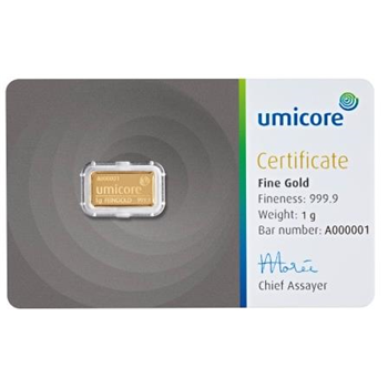 Certified 1g Gold Bar Umicore 