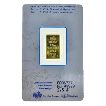 Certified 2.5g Gold Bar PAMP Suisse 