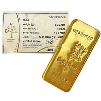 Certified 500g Gold Metalor Bar 