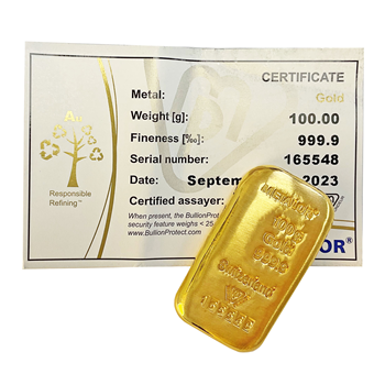 Certified Cast 100g Gold Bar Metalor