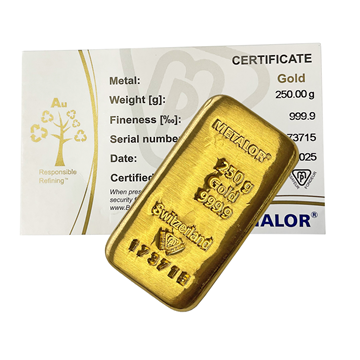 Certified 250g Gold Metalor Bar 