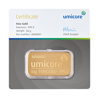 Certified 50g Gold Bar Umicore